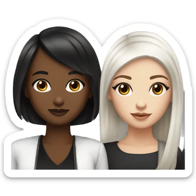 Two white girlfriends. One with brown hair in square, the other with black hair, bangs and a square. In fashionable clothes and beautiful modern makeup sticker