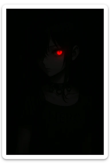 A mysterious anime girl in pitch-black darkness, with jet-black hair softly falling over her face as she turns slightly to her right. Her left eye glows with an intense crimson light, radiating menace and allure. She wears a dark leather necklace with metal rings, and her dress features the word 'NERO' engraved in sharp black script, enhancing her enigmatic presence. sticker