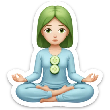 Girl medetating in light blue outfit with cucumber on eyes sticker
