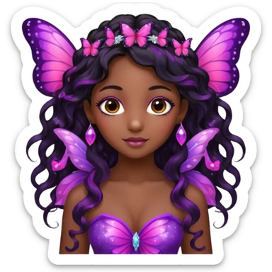 Black girl fairy with long wavy black hair, pink and purplered butterfly wings sparkly sticker