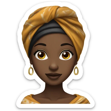 A black girl wearing an African head scarf with long lashes and lip combo sticker