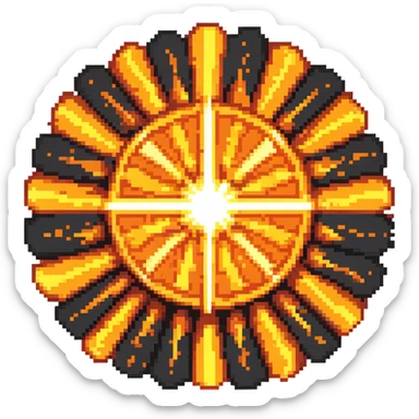 Bomberman explosion center tile, bright fiery explosion core with yellows and oranges radiating from center, circular explosion pattern, clean pixel art edges, slight transparency at edges sticker