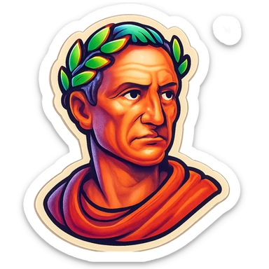 Julius Caesar as a retro sticker, Roman emperor, laurel crown, expressive face, retro sticker style sticker