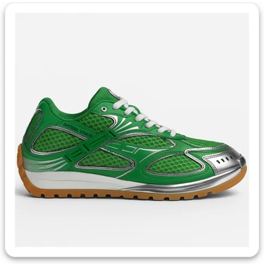 Recreate the Bottega Veneta Orbit sneaker in signature Bottega green, exact design, shown at a sideways angle like the reference image, realistic style with a clean background. sticker