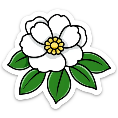 Elegant white camellia flower with symmetrical petals and rich green foliage sticker