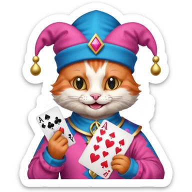 court jester cat medieval, poker card ace, pink and blue sticker
