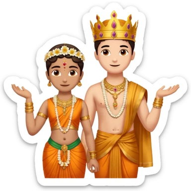 Brahmin boy is thanking to the bharatanatyam dancer. Only the girl is in lordess padmavati with golden crown and giant flower garland on her neck. The boy is a normal helper. The girl is fat and tall the boy is small. sticker