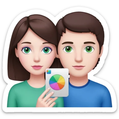 pink polaroid photo of a couple thats white with brunette hair blue and green eyes sticker