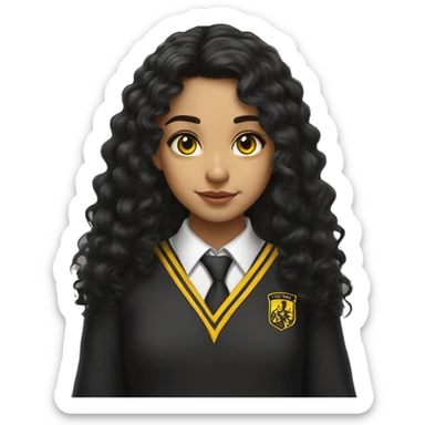  Hyper realistic Hispanic girl with long black curly hair  wearing Hufflepuff school uniform sticker