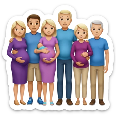 I want a couple with a wife that’s pregnant and then on the male side standing next to him is his family mom is sick the dad is fine  and his siblings and grandparents are okay smiling. sticker