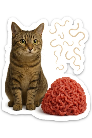 gatto stupendo e macinato di carne poco cotta a montagnetta stanno l'uno accanto all'altro con dei parassiti come la tenia che gli fluttuano intorno, iperrealistica 4k sticker