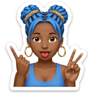 brown girl with blue locs in a bun with tongue out giving middle finger sticker