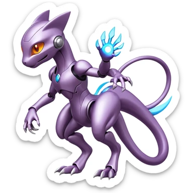 Mechanical Miraidon-Mewtwo-Fakémon-hybrid-creature (full body) with glowing eyes  sticker