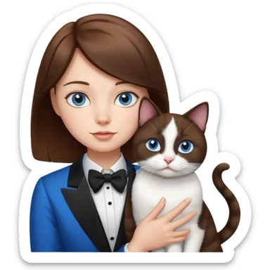 brown haired girl with blue eyes holding a fat black and white tuxedo cat sticker