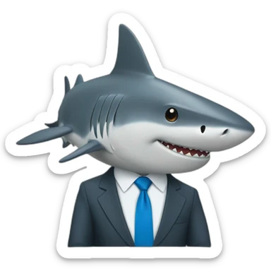 A shark wearing a suit looking straight while sitting at a brown table with a blue tie sticker