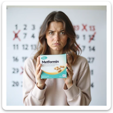 hyperrealistic 4K vertical 9:16 woman showing the Metformin box towards the camera, background with a calendar with crossed out days showing no changes, frustrated expression, white background sticker