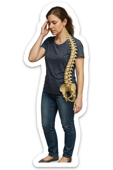 donna stanca a figura intera che si tiene una mano sulla tempia con spina dorsale anatomica visibile, iperrealistico 4k sticker