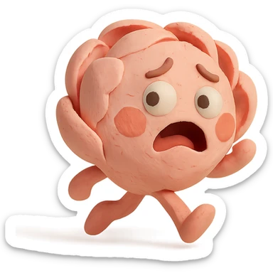 round chibi pastel pink peony flower with blushing cheeks and a panicked expression, rushing with tiny legs, matte plasticine claymation style with pastel colors sticker