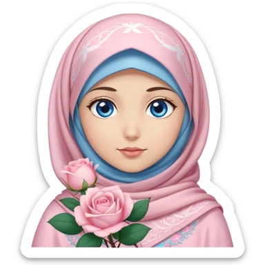 Turkish beautiful finish Konya girl blue eyes with sakura hijab islamic dress and had on her hand light pink roses sticker