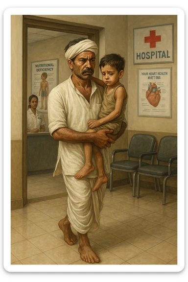 An Indian farmer in a white dhoti, carrying his 4-year-old child, entering a hospital for a checkup because of nutrient deficiency, worried look, hospital setting, detailed art sticker