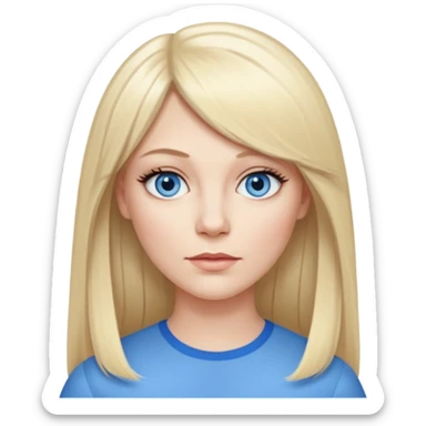 40 yr old white woman, pale skin, long straight blond hair parted in center, blue eyes, bangs sticker