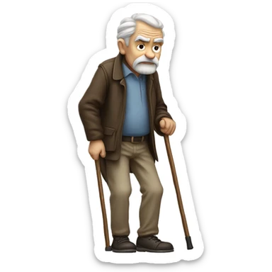 Old man leaning on a walking cane and holding his back with his hand grumpy face, detailed sticker