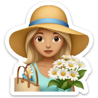 summer beautiful wicker hat next to it lies a beach beige bag and a bouquet of white flowers sticker