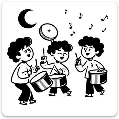 group waking up the neighborhood for sahur with drums, crescent moon in background sticker