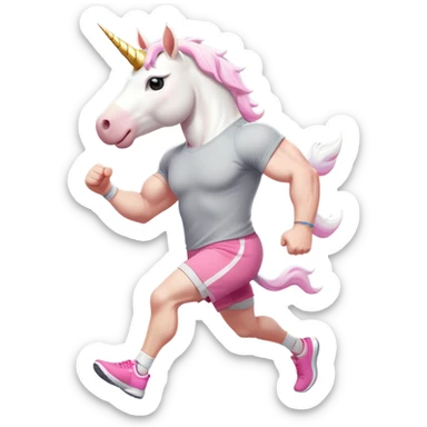 friendly anthropomorphised male white unicorn with a fit, chunky, muscular and strong physique, arms and legs matching the white of the head, in grey shorts and pink t-shirt, wearing dark sunglasses, jogging upright in a standard pose sticker