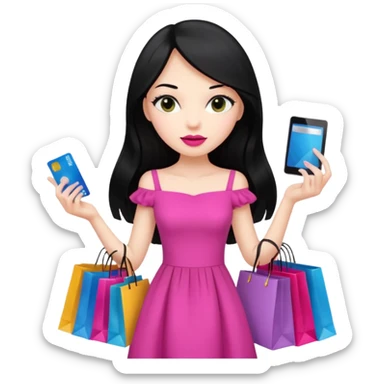 Girl with long black hair and pink lipstick holding shopping bags and credit card sticker
