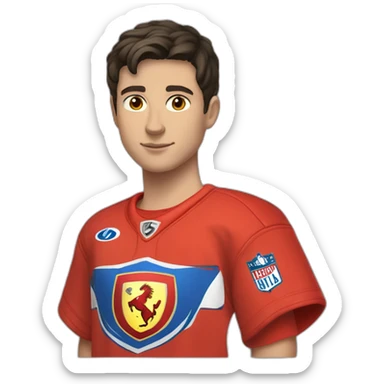 a white male teenager with very short dark hair and brown eyes in a red ferrari jersey sticker