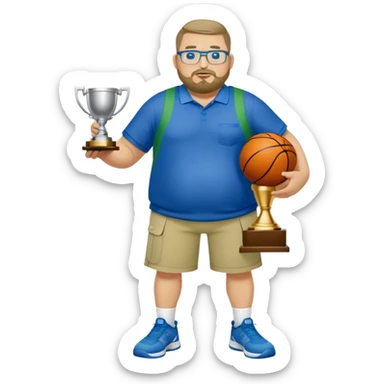 full body white obese male basketball coach with trophy. Goatee , Wearing glasses and blue and green polio with khaki pants sticker