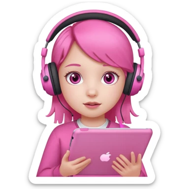 Little girl with headphones when pink eyes and pink iPad and pink dreamy background sticker