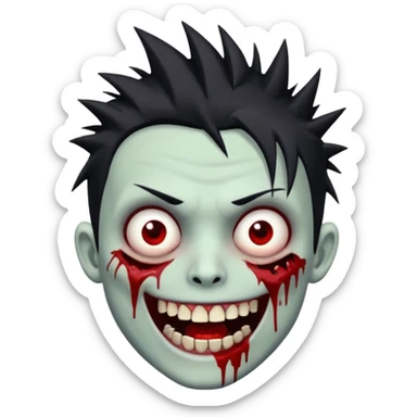 zombie boy with emo spiky hair, white skin, and white eyes; an open smile, and bloodied teeth; sticker