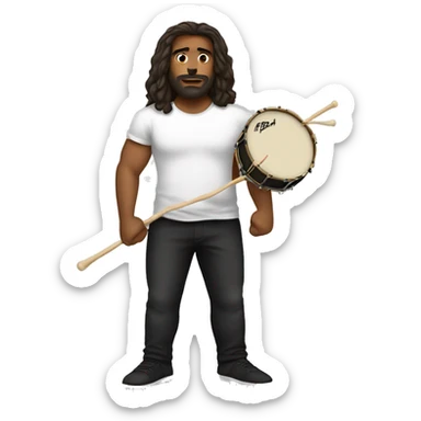 A long haired brown man with a light beard holding drum sticks, wearing a t shirt and black pants sticker