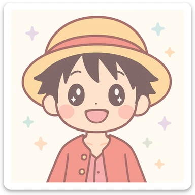 Luffy from One Piece, cheerful, wearing his signature straw hat, anime style sticker