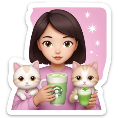 asian girl with short dark brown hair and dark brown eyes with a soft girl pink glowup aesthetic, matcha latte, 2 ragdoll cats, and sparkles sticker