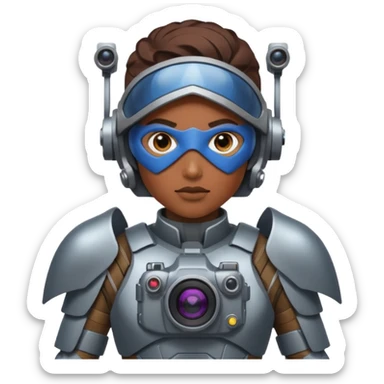 Un photographe high tech du futur, avec du matériel, une armure de terrain à la super héro. Il a des appareils photos, des caméras embarquées et un drone  sticker