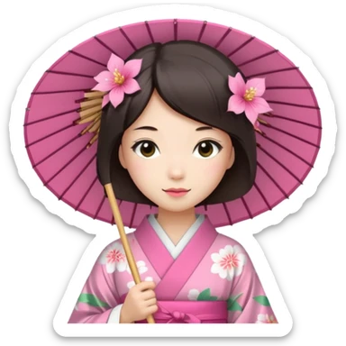 Japanese Princess with paper umbrella, pink kimono sticker
