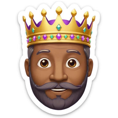 Create a cartoon-style emoji of Baltasar, one of the Three Wise Men. Only show his face and crown. He is older, with dark skin and a full black beard, joyful wrinkles, and a purple and gold jeweled crown. Express warmth, wisdom, and friendliness. Colorful and simple, suitable as an emoji. sticker