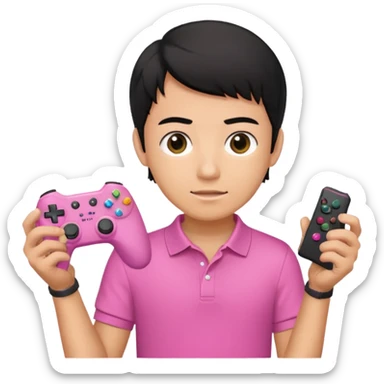 generate a pretty tan bratz boy with a pink polo. Holding a gaming controller in hand. Black hair sticker