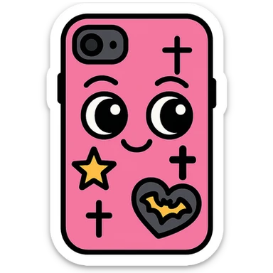 pink and black gothic phone case, big eyes, smiling, playful, cartoonish, gothic symbols sticker