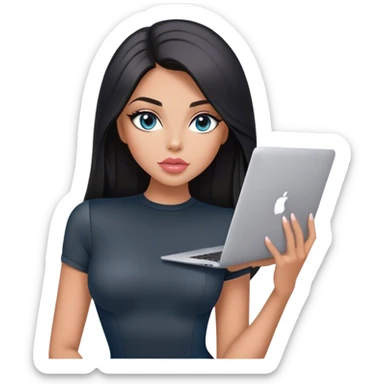 Glamours, tanned, very beautiful girl, with big pump peach-beige-rose lips, black straight smooth silky long hair, straight parting, blue-grey eyes, in short sleeves black bodysuit holding MacBook sticker
