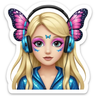 long haired make glitter makeup fairy wearing headpones wing butterfly wings  sticker