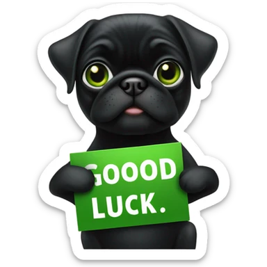 Black pug holding a green sign that says good luck  sticker