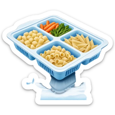 frozen food tray rectangular 2-3 compartments distinct frozen items pasta vegetables meat, frosty surfaces visible ice crystals muted colors firm uncooked texture dark simple tray no branding no utensils no packaging soft lighting emoji scale sticker