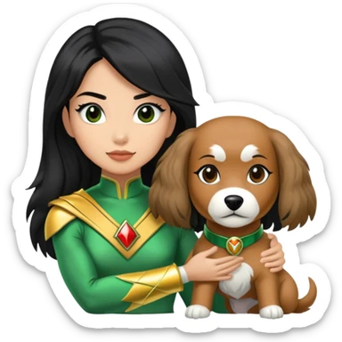 green power ranger wasian woman with long black hair and a fully light brown cockapoo dog sticker