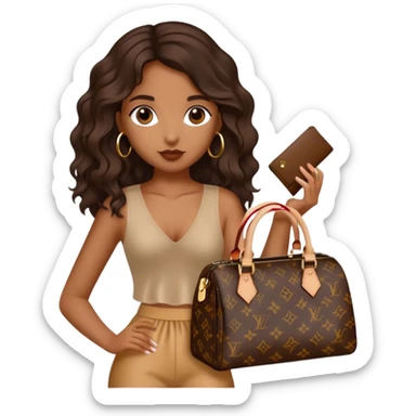  Brown girl with dark brown medium beach wavy hair carrying one Louis Vuitton purse on her arm while standing  sticker