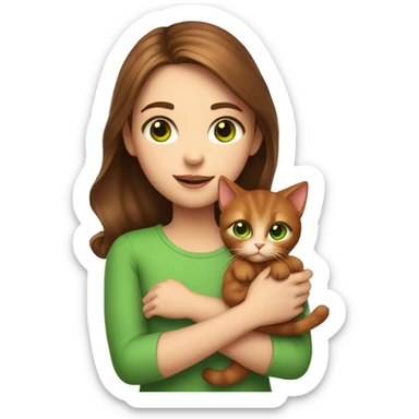 a girl with brown hair and green eyes holds a red kitten in her arms sticker
