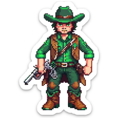 Green-clad cowboy character with revolver gun and boots sticker